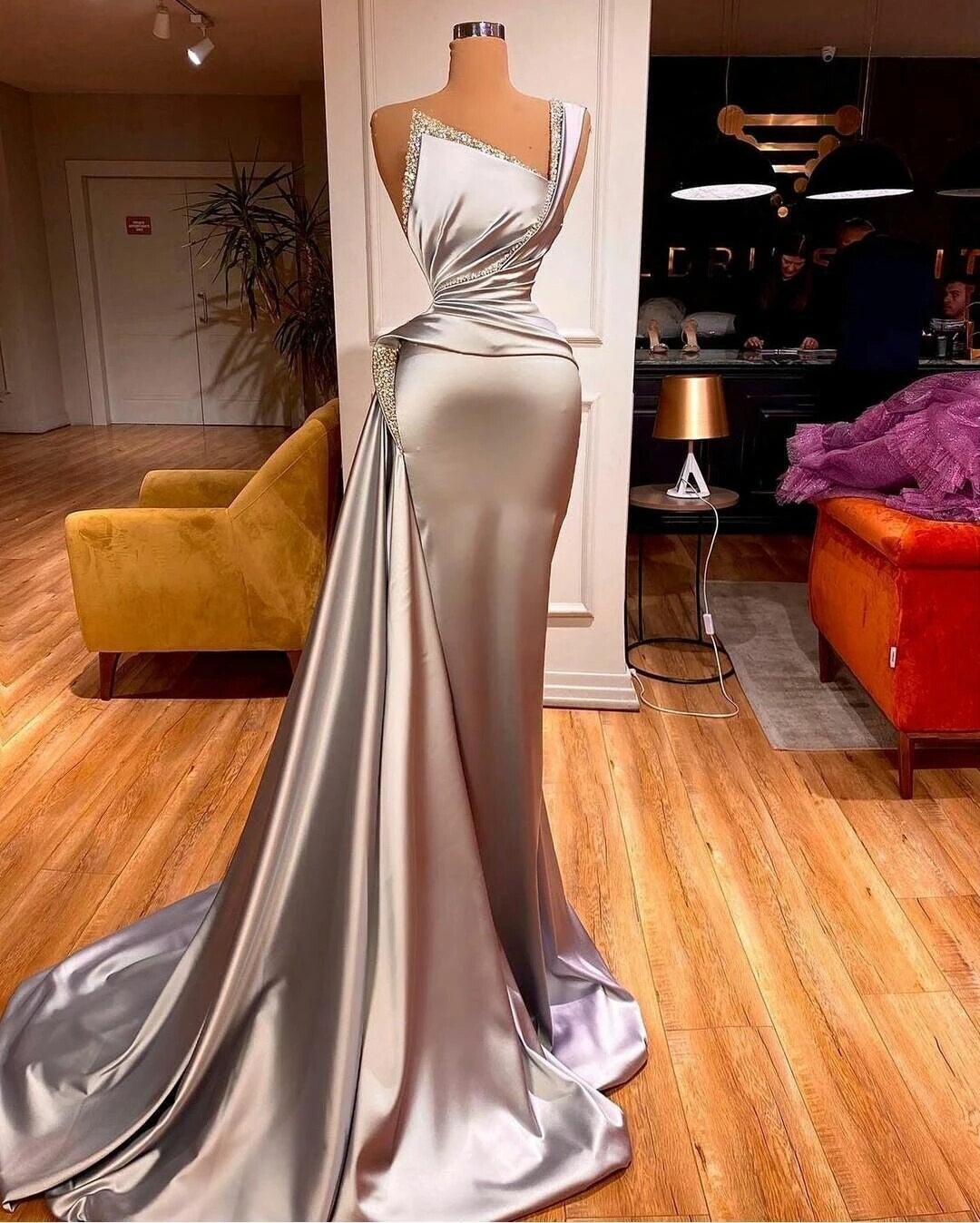 Silver Soft Satin One Shoulder Sheath Beading Ruffles Prom Dress-BallBride