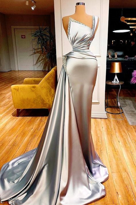 Silver Soft Satin One Shoulder Sheath Beading Ruffles Prom Dress-BallBride