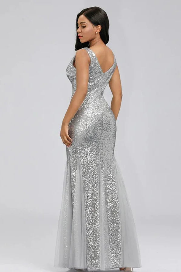 Silver V-Neck Sequins Mermaid Prom Dress Long Evening Party Gowns-BallBride