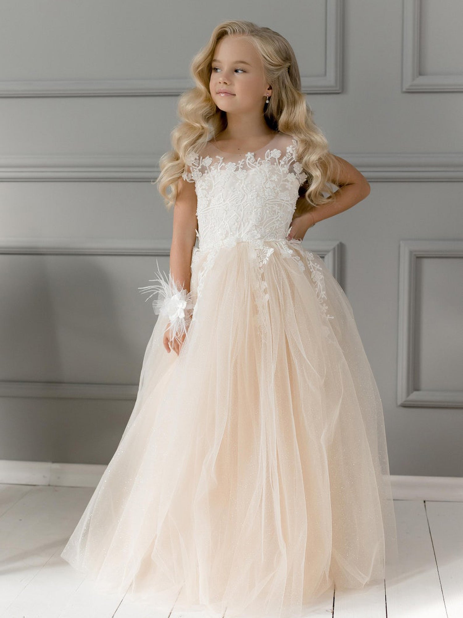 Simple A-Line Tulle Appliques Lace Flower Girl Dress-BallBride