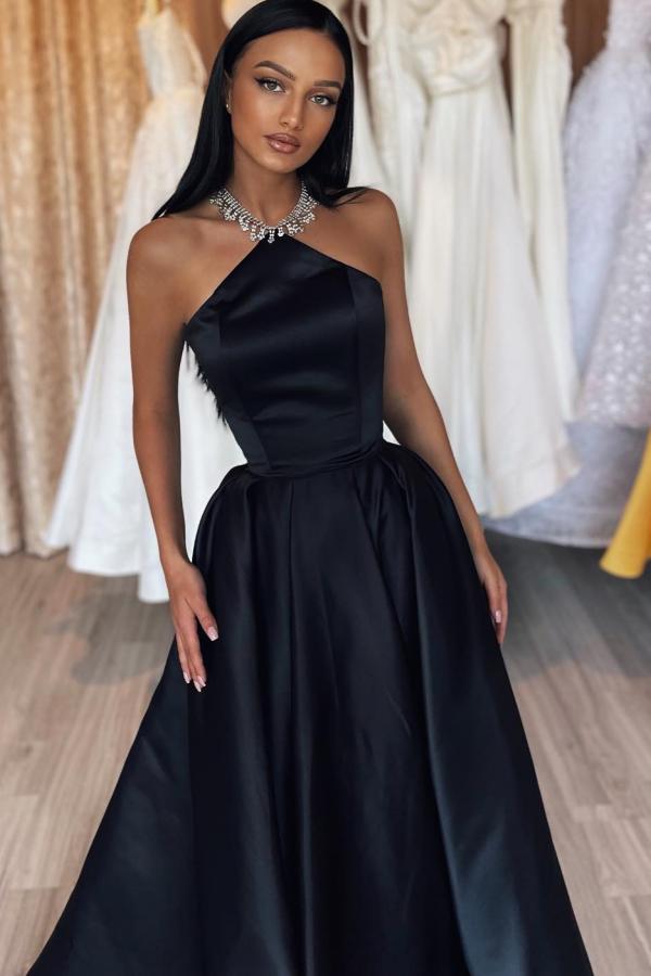 Simple Halter A Line Draped Satin Floor Length Prom Dress-BallBride