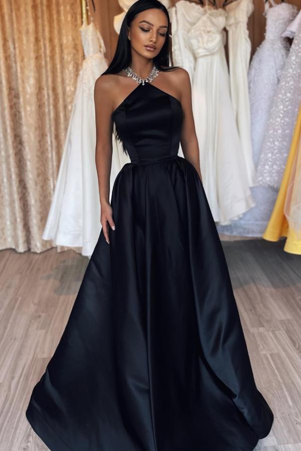Simple Halter A Line Draped Satin Floor Length Prom Dress-BallBride