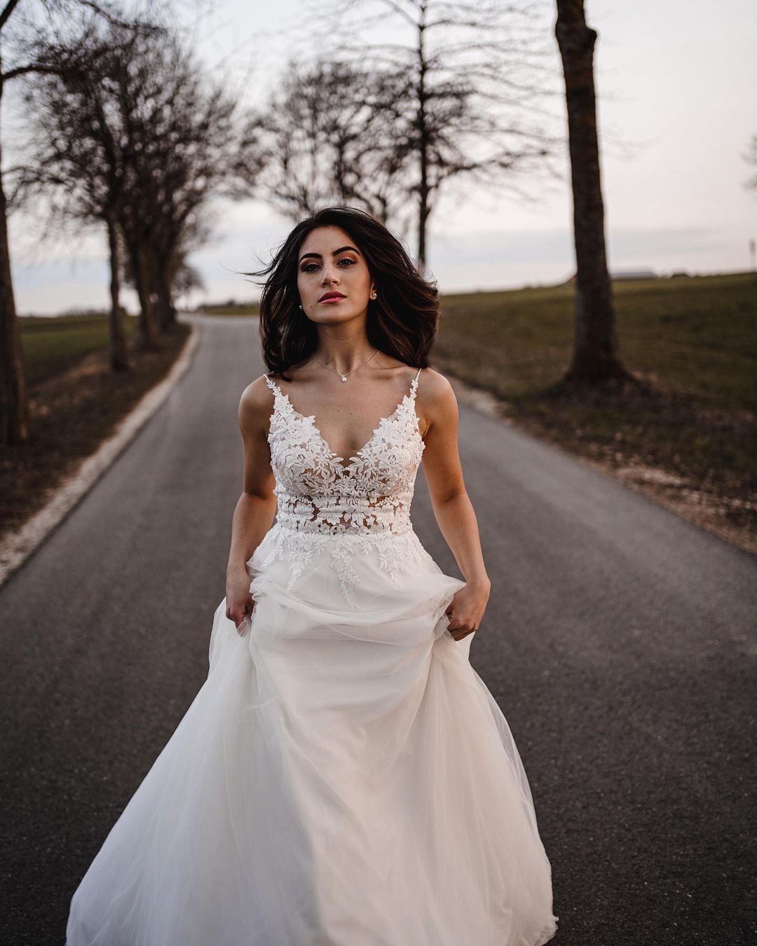 Simple Long A-line V-neck Tulle Wedding Dress With Appliques-BallBride