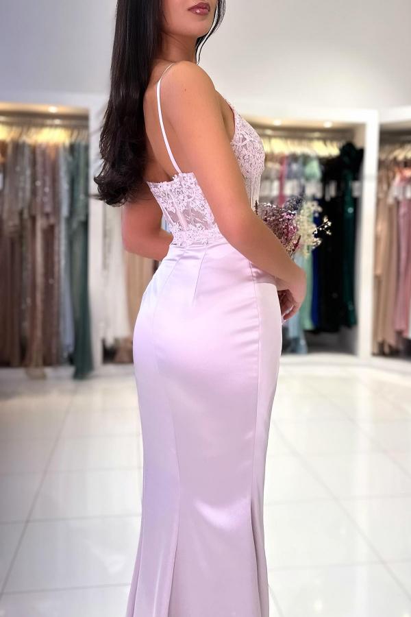 Simple Long Mermaid Spaghetti Straps Sweetheart Satin Mermaid Prom Dress with Slit-BallBride