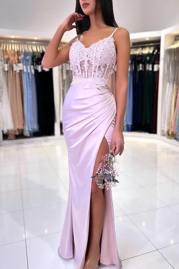 Simple Long Mermaid Spaghetti Straps Sweetheart Satin Mermaid Prom Dress with Slit-BallBride
