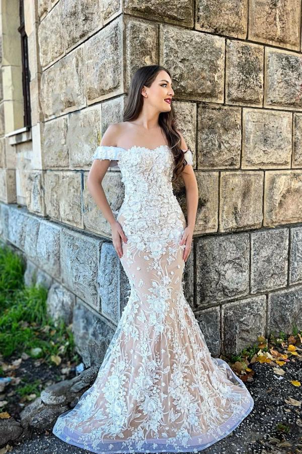 Simple Off The Shoulder Mermaid Lace Floor Length Prom Dress-BallBride