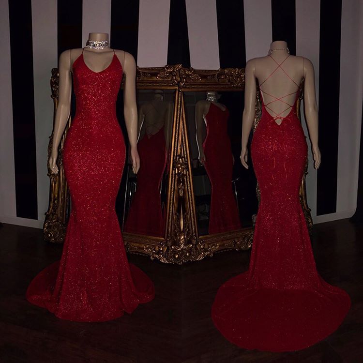 Simple Red Sequins Spaghetti Strap Open Back Prom Dress-BallBride