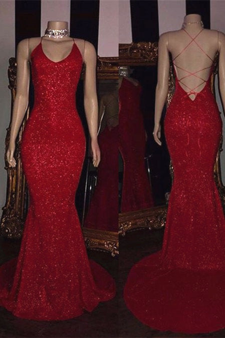 Simple Red Sequins Spaghetti Strap Open Back Prom Dress-BallBride