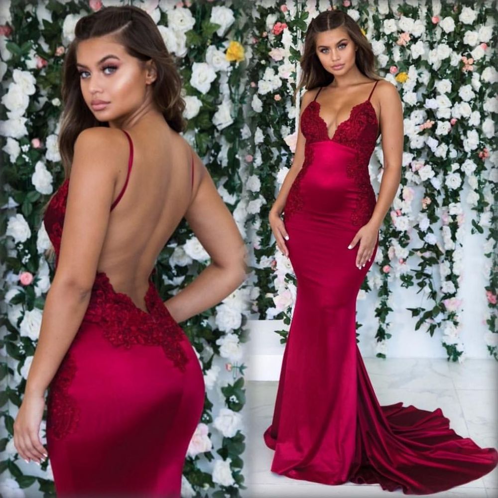 Simple Red Spaghetti Strap Appliques Prom Dress-BallBride