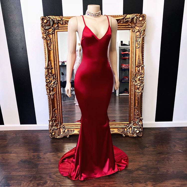 Simple Red Spaghetti Straps Mermaid Open Back Prom Dresses-BallBride