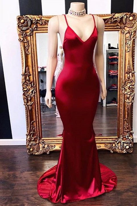 Simple Red Spaghetti Straps Mermaid Open Back Prom Dresses-BallBride