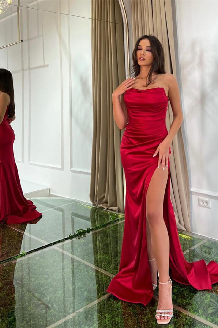 Simple Strapless Long Ruched Satin Mermaid Red Prom Dress with Slit-BallBride
