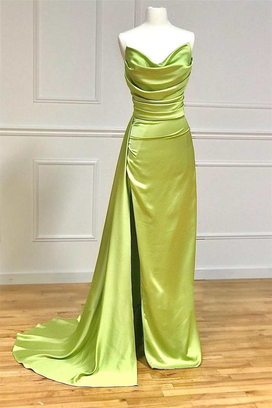 Simple Strapless Split Side Mermaid Long Ruched Satin Prom Dress-BallBride