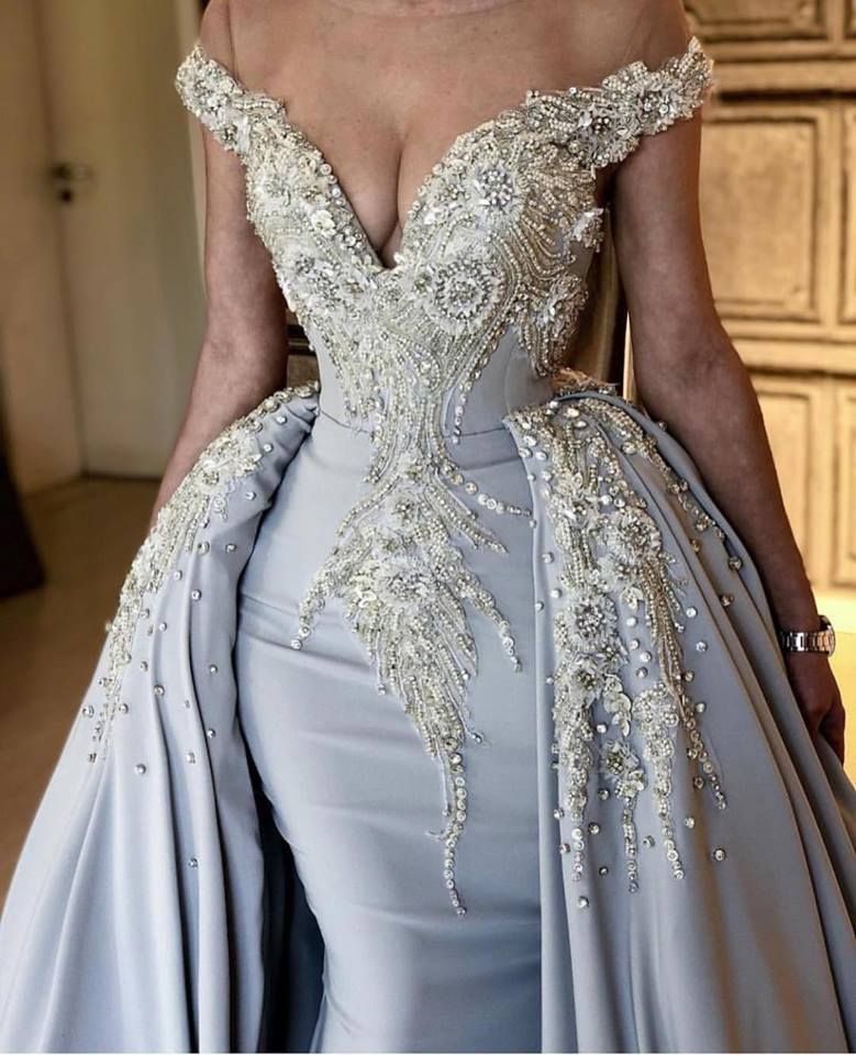 Sky Blue Off Shoulder Appliques Beads Prom Dress with Overskirt-BallBride