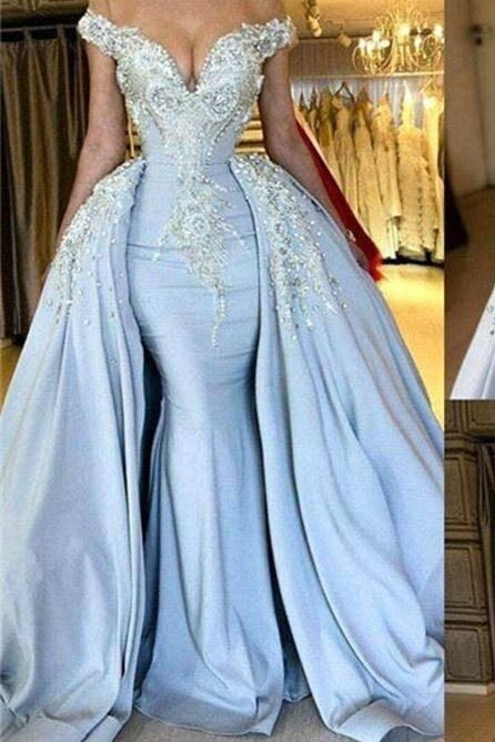 Sky Blue Off Shoulder Appliques Beads Prom Dress with Overskirt-BallBride