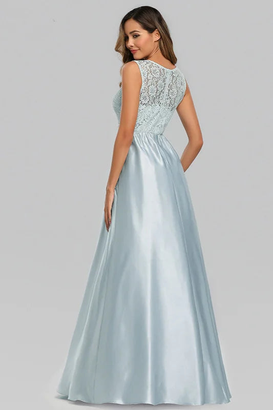 Sky Blue Sleeveless Lace Evening Gowns Long Prom Dress Online-BallBride