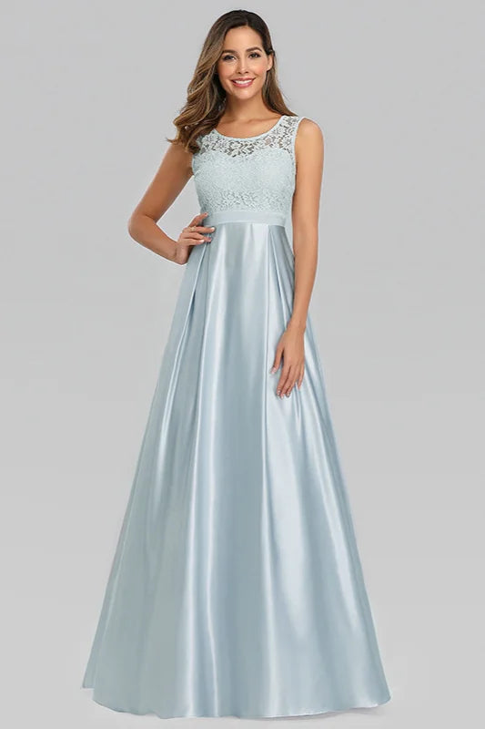 Sky Blue Sleeveless Lace Evening Gowns Long Prom Dress Online-BallBride