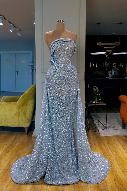 Sky Blue Strapless Sequins Ruffles Crystal Prom Dress-BallBride
