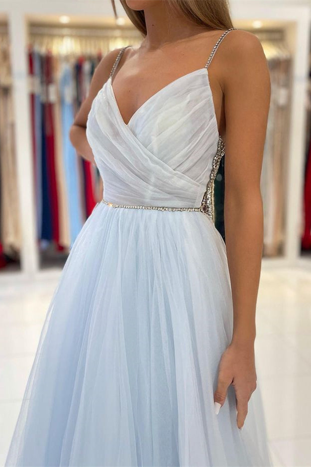 Sky Blue Tulle Prom Dress With Beads and Spaghetti-Straps-BallBride