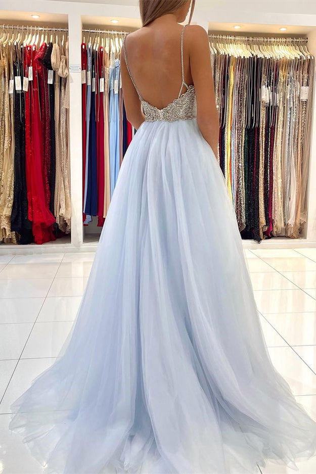 Sky Blue Tulle Prom Dress With Beads and Spaghetti-Straps-BallBride