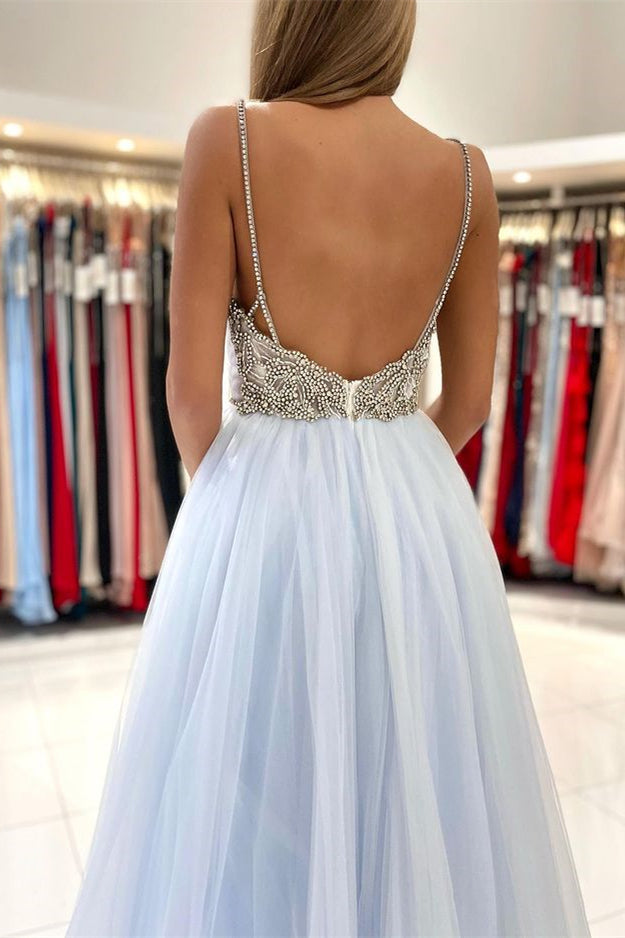 Sky Blue Tulle Prom Dress With Beads and Spaghetti-Straps-BallBride