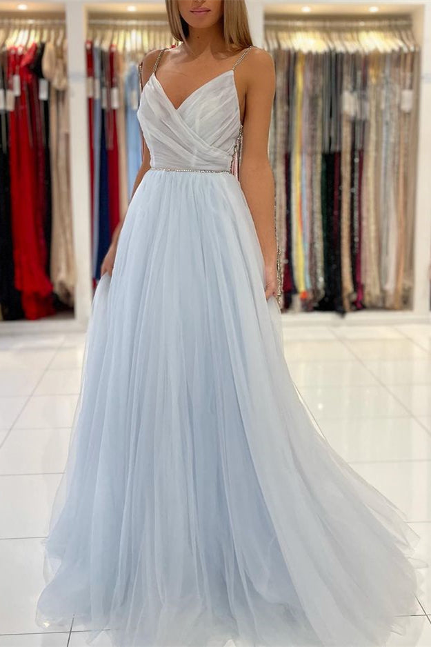 Sky Blue Tulle Prom Dress With Beads and Spaghetti-Straps-BallBride