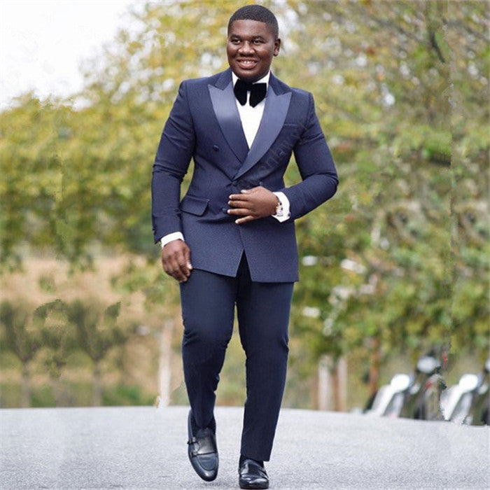 Sleek Silk Lapel Reception Suit Navy Blue Double Slim Fit with Breasted Peak-BallBride