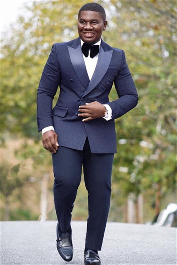 Sleek Silk Lapel Reception Suit Navy Blue Double Slim Fit with Breasted Peak-BallBride