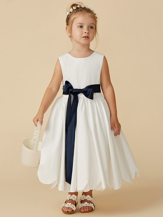 Sleeveless Jewel A-Line Tea Length Flower Girl Dress with Taffeta Sash and Pleats-BallBride