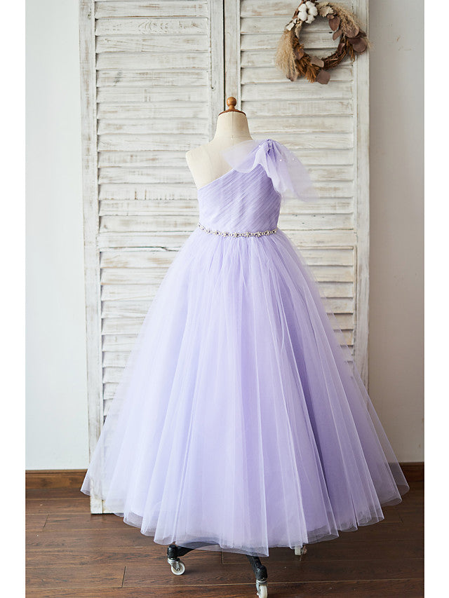 Sleeveless One Shoulder Ball Gown Flower Girl Dress With Belt Bow & Tulle-BallBride