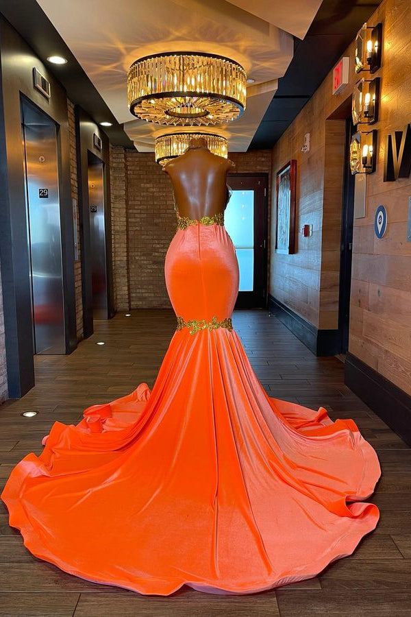 Sleeveless Orange Mermaid Elegant Prom Dress With Appliques and Beads-BallBride