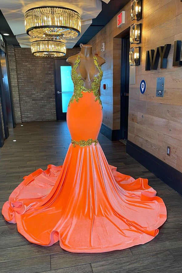 Sleeveless Orange Mermaid Elegant Prom Dress With Appliques and Beads-BallBride