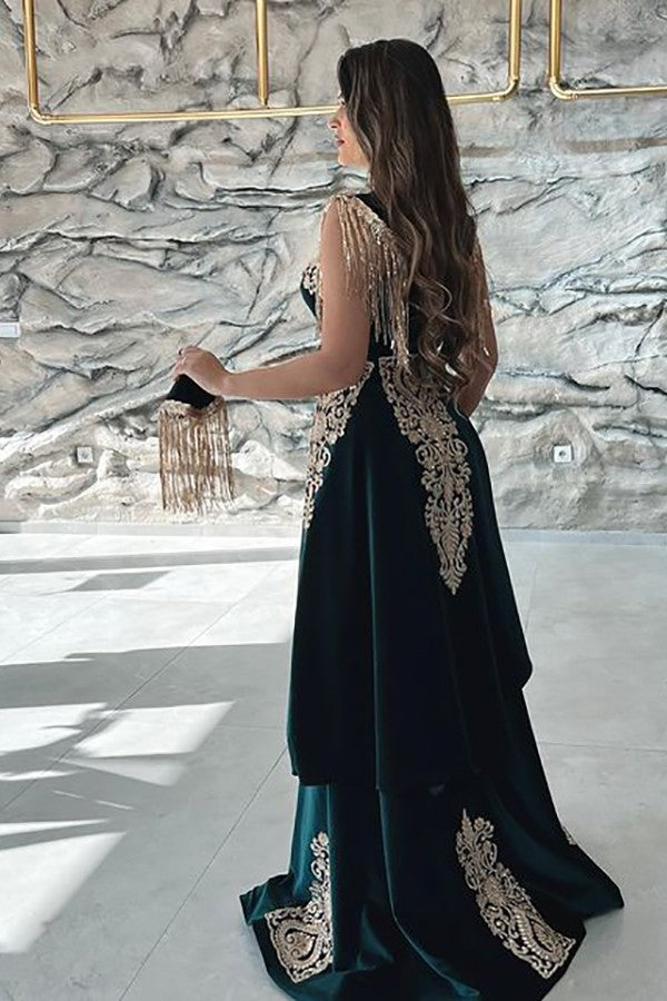 Sleeveless V-Neck Applique Split Mermaid Evening Dress in Dark Green with Detachable Skirt-BallBride