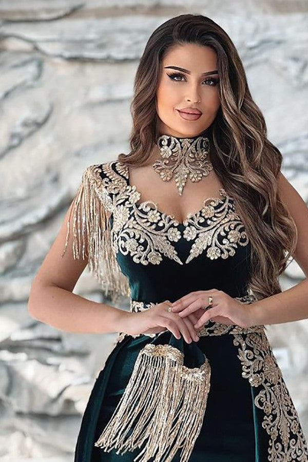 Sleeveless V-Neck Applique Split Mermaid Evening Dress in Dark Green with Detachable Skirt-BallBride