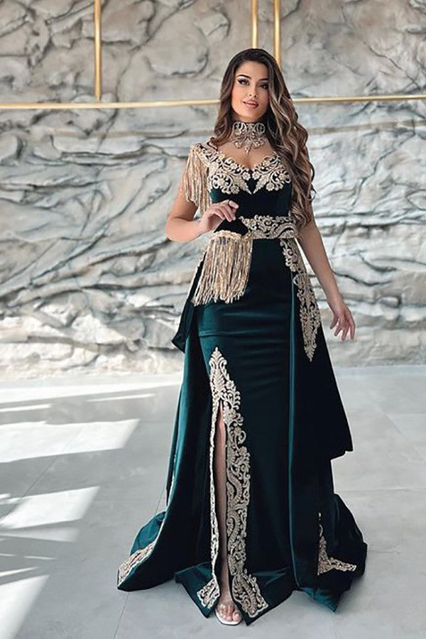Sleeveless V-Neck Applique Split Mermaid Evening Dress in Dark Green with Detachable Skirt-BallBride