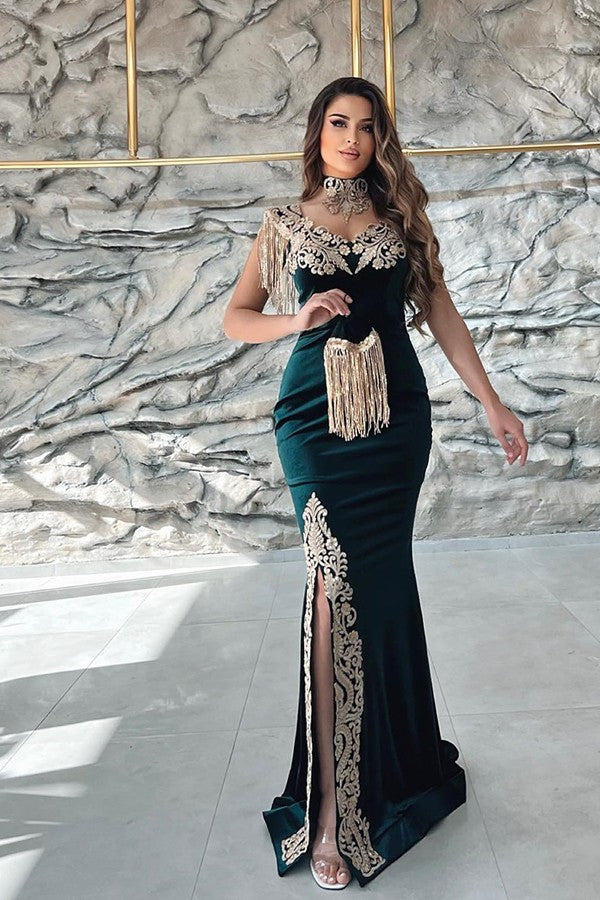 Sleeveless V-Neck Applique Split Mermaid Evening Dress in Dark Green with Detachable Skirt-BallBride