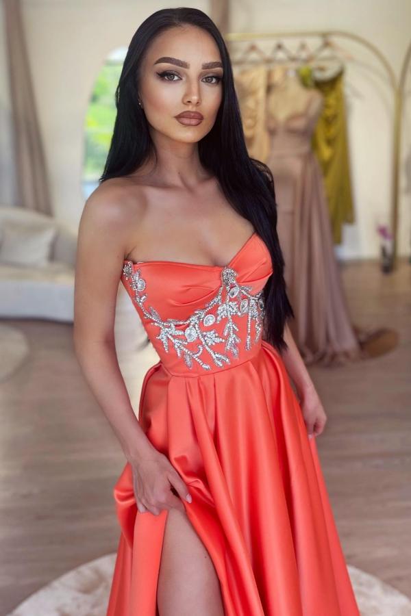 Slit A-Line Strapless Sweetheart Long Prom Dress with Ruffles and Appliques-BallBride