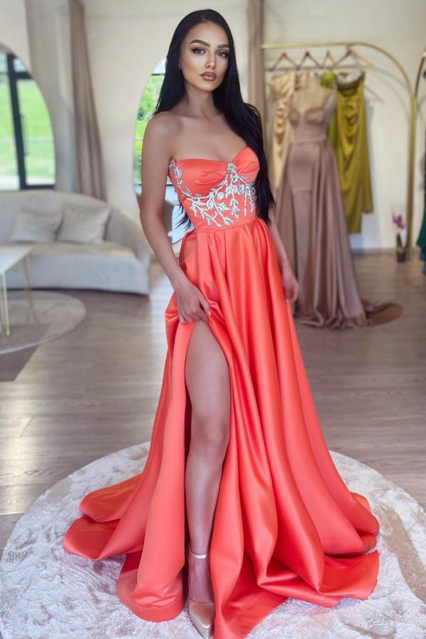 Slit A-Line Strapless Sweetheart Long Prom Dress with Ruffles and Appliques-BallBride