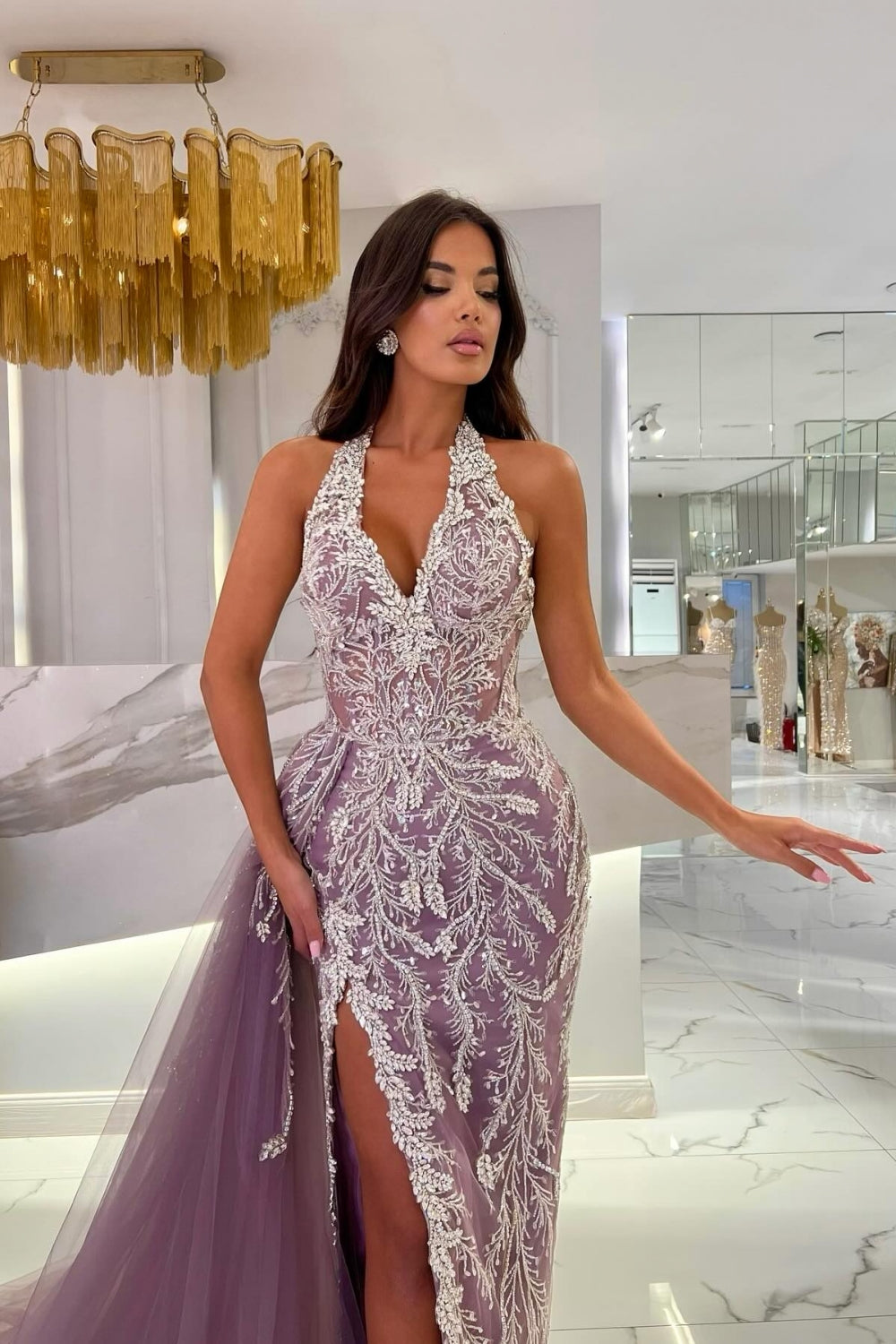 Slit Purple Halter Tulle Appliques Lace Mermaid Prom Dress with Beads-BallBride