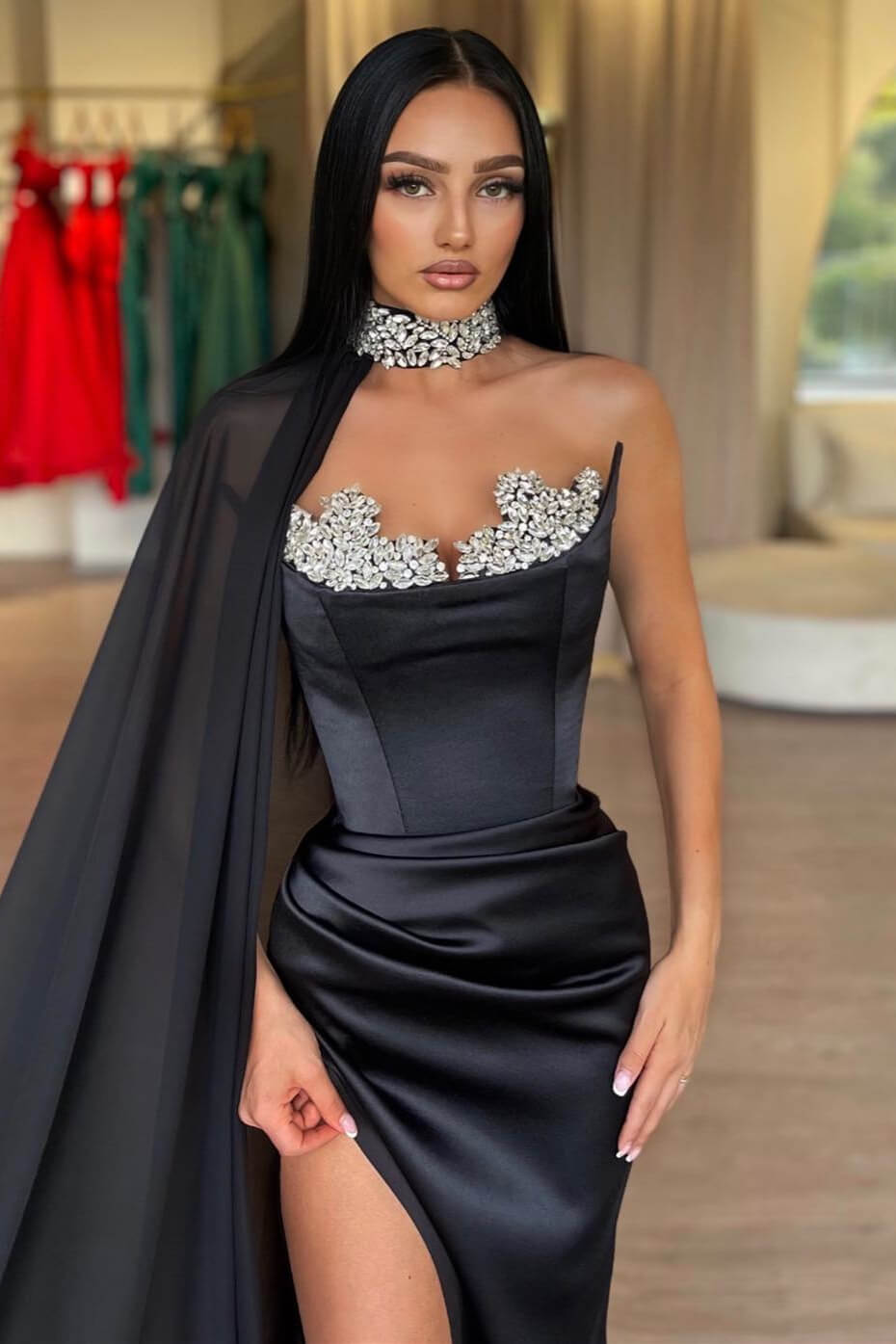 Slit Strapless Mermaid Long Satin Beaded Mermaid Prom Dress with Detachable Chiffon Watteau Train-BallBride