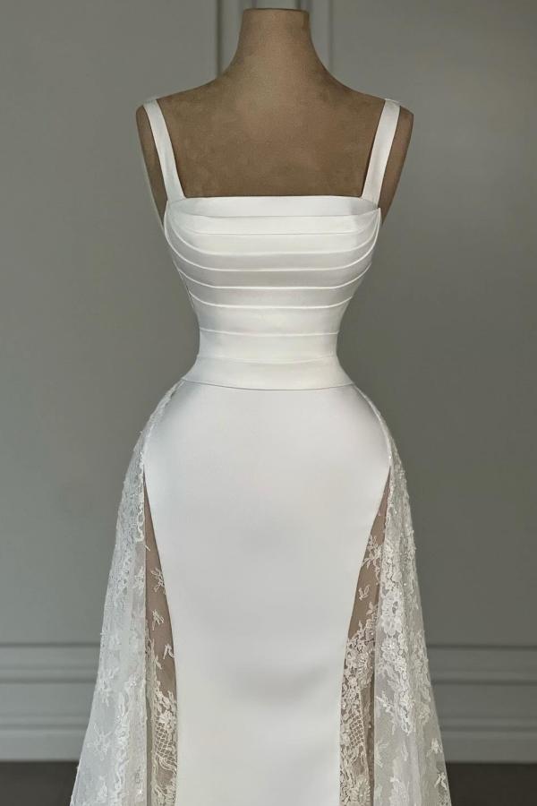 Spaghetti Straps A-Line Satin Lace Long White Prom Dress-BallBride