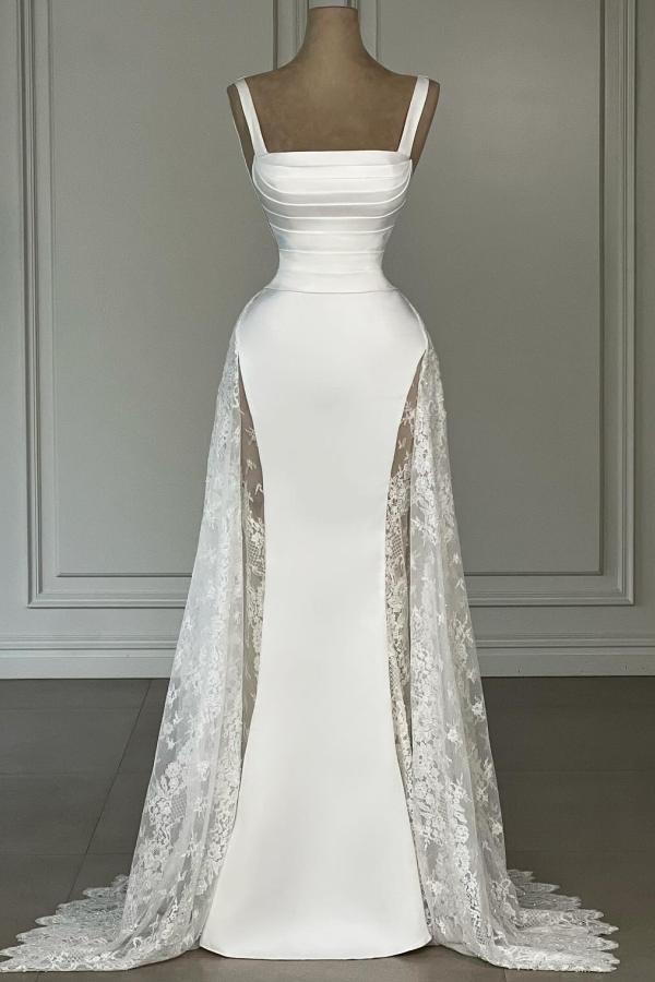 Spaghetti Straps A-Line Satin Lace Long White Prom Dress-BallBride