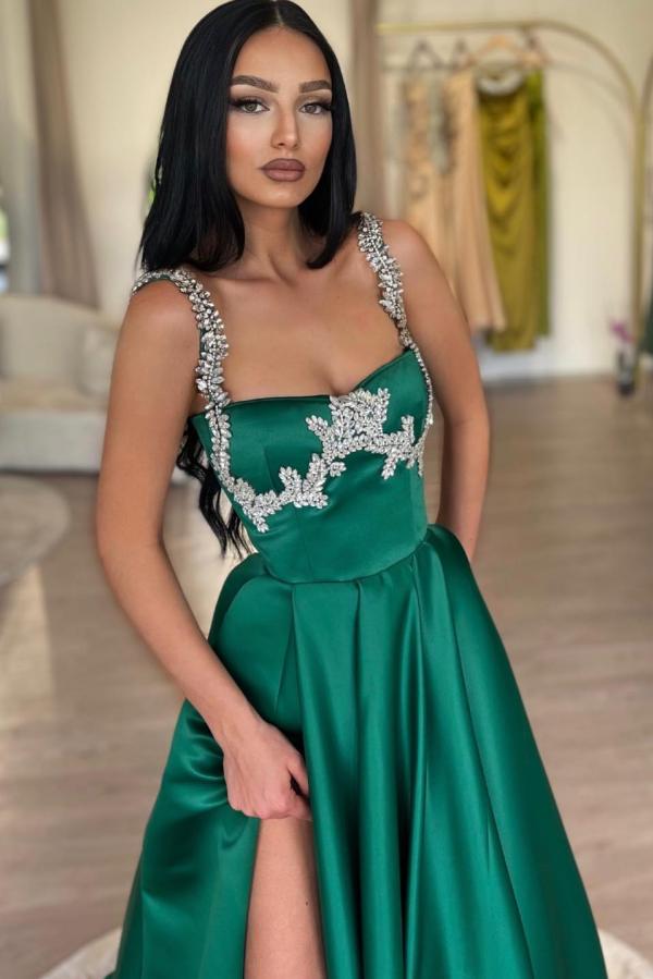 Spaghetti Straps A Line Split Front Satin Floor Length Prom Dress-BallBride