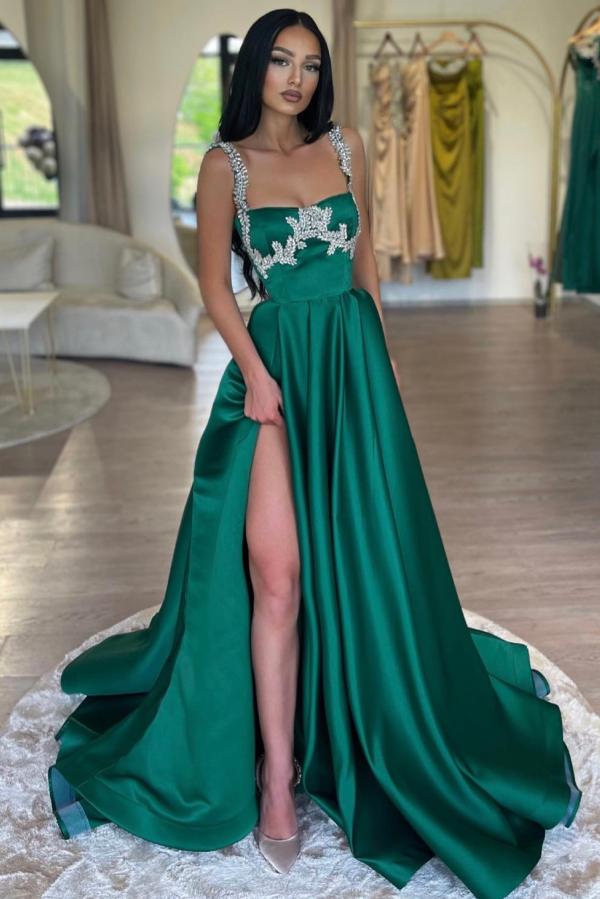 Spaghetti Straps A Line Split Front Satin Floor Length Prom Dress-BallBride