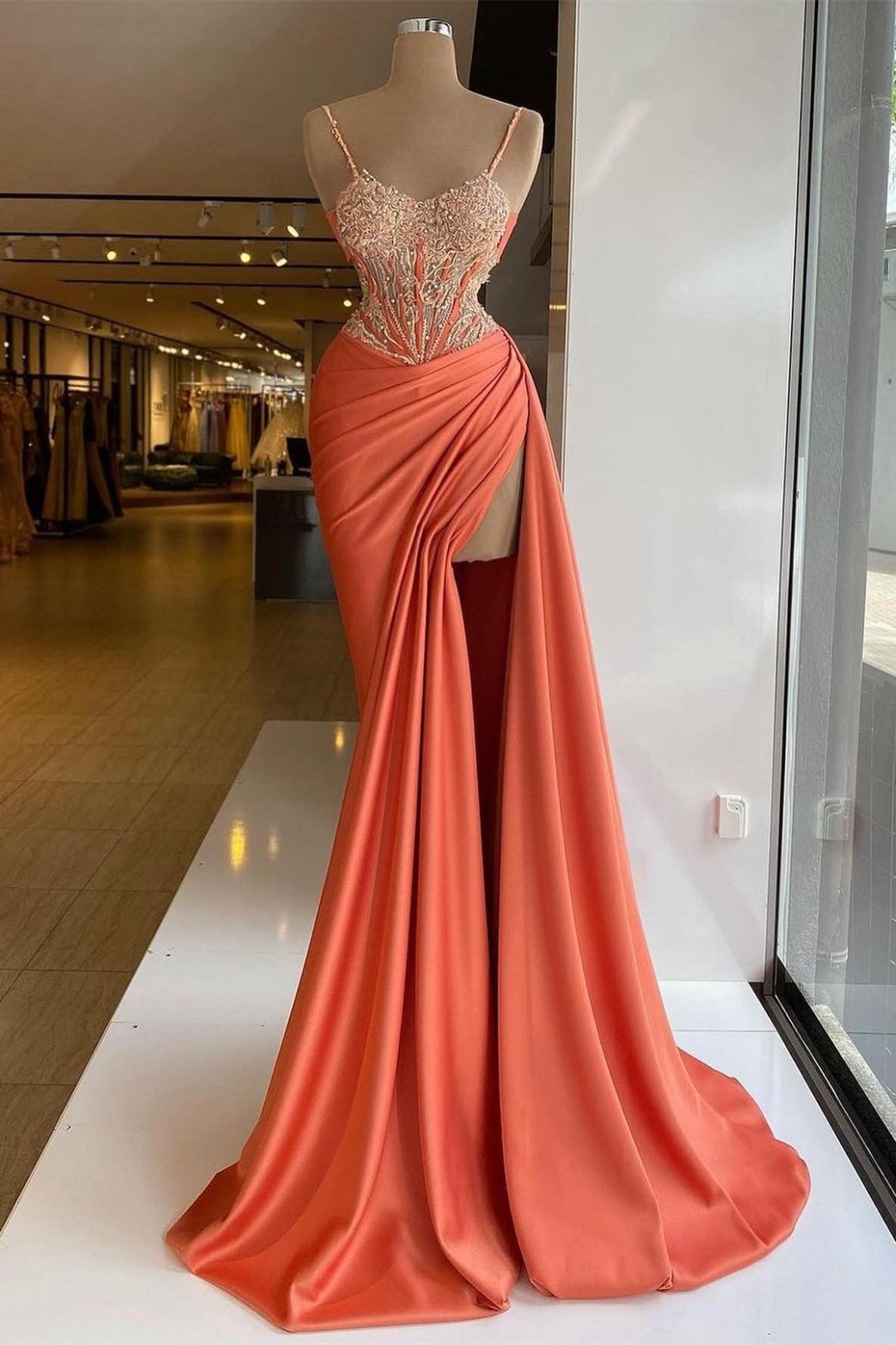 Spaghetti Straps Mermaid Long Appliques Lace Prom Dress with Slit and Ruffles-BallBride