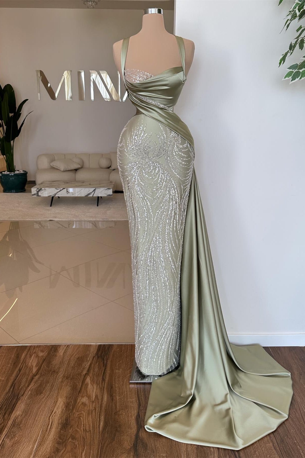 Spaghetti Straps Mermaid Ruched Satin Long Prom Dress with Sequins-BallBride