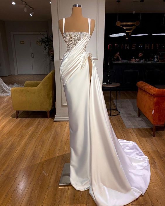 Spaghetti Straps Mermaid Ruched Satin Prom Dress with Slit and Beads-BallBride