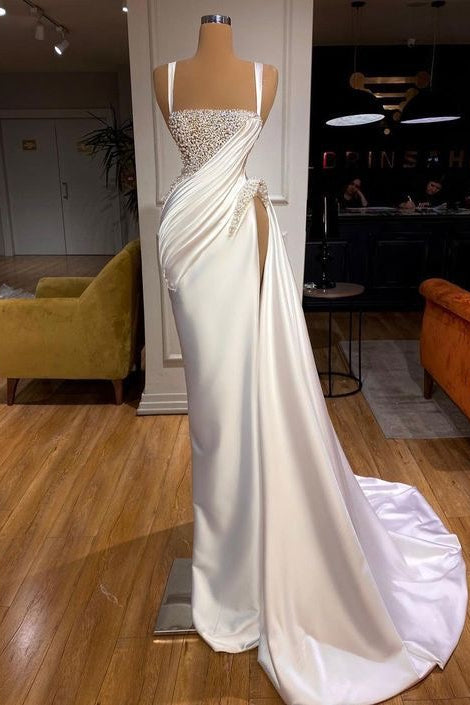 Spaghetti Straps Mermaid Ruched Satin Prom Dress with Slit and Beads-BallBride