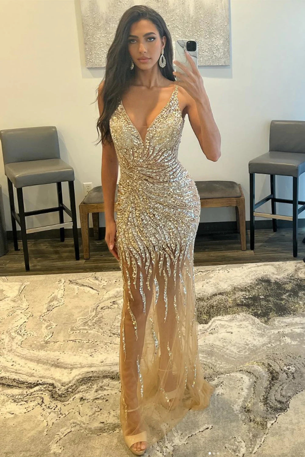Spaghetti Straps V-Ncek Backless Mermaid Tulle Prom Dress with Sequins-BallBride