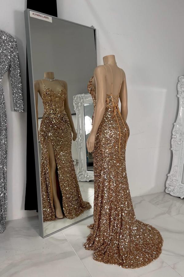 Spaghetti Straps V Neck Backless Mermaid Long Prom Dress with Sequins and Rhinestones-BallBride